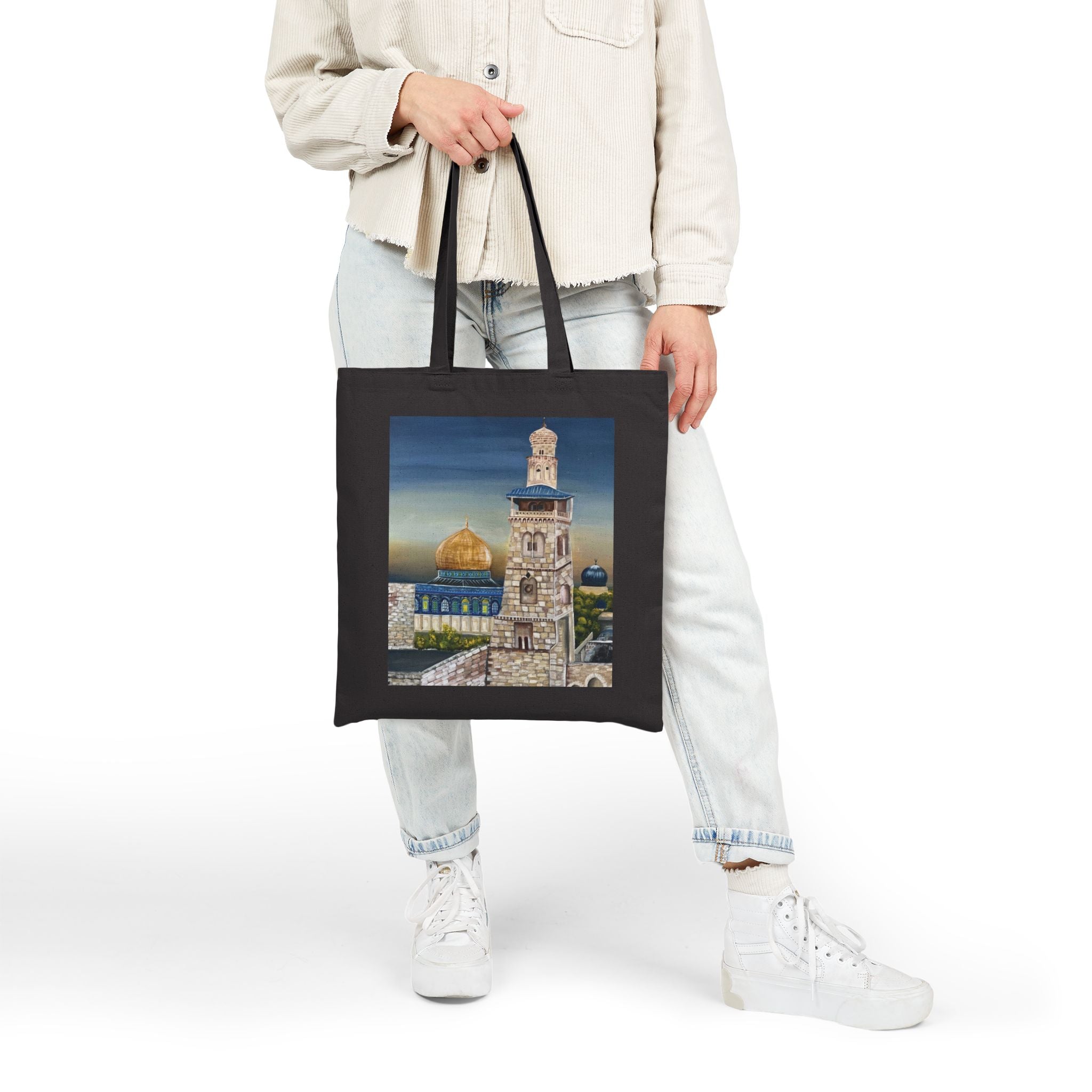 Joud || Canvas Tote Bag – Dome of the Rock & Jerusalem Minaret Tower Vintage Art Print | Old City Skyline | Cultural Heritage Carry Bag