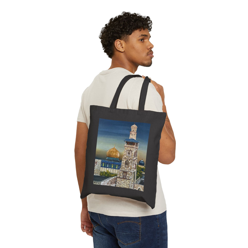 Joud || Canvas Tote Bag – Dome of the Rock & Jerusalem Minaret Tower Vintage Art Print | Old City Skyline | Cultural Heritage Carry Bag