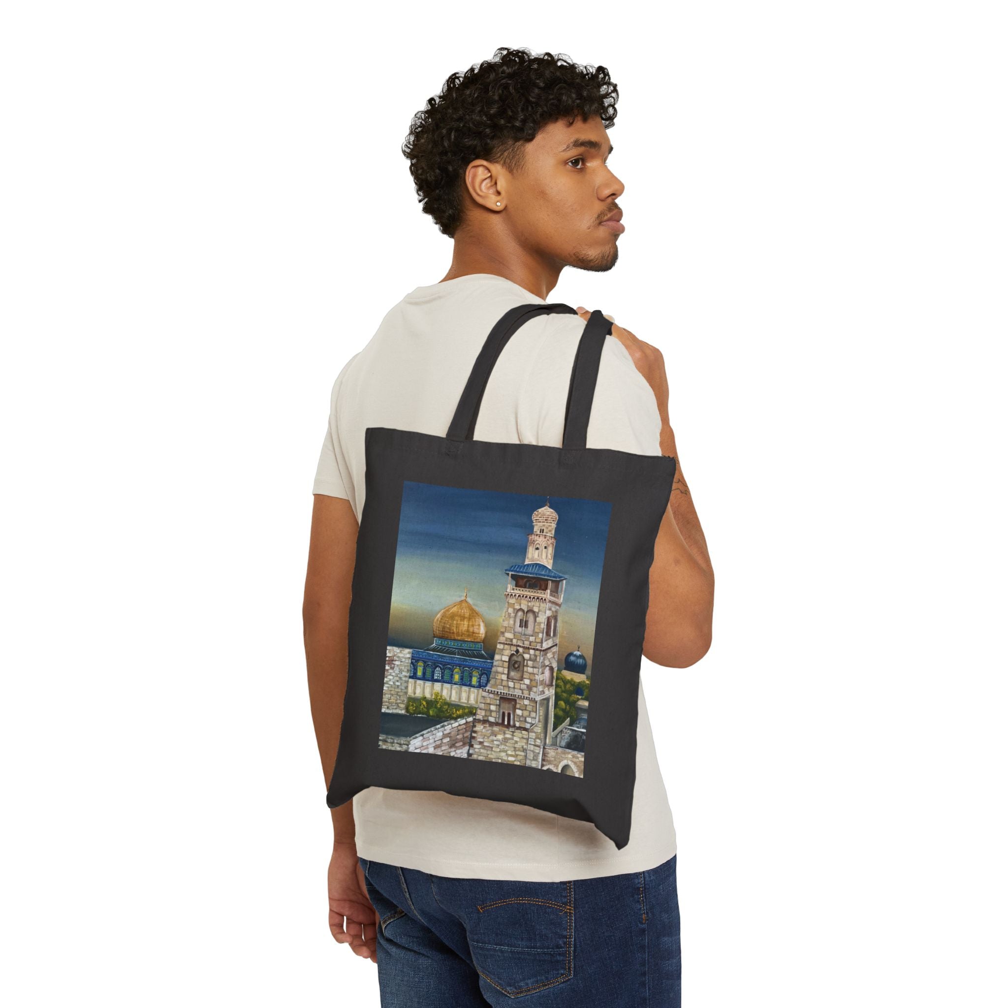 Joud || Canvas Tote Bag – Dome of the Rock & Jerusalem Minaret Tower Vintage Art Print | Old City Skyline | Cultural Heritage Carry Bag