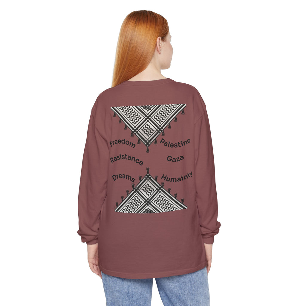 Pali-G || Palästina Kufiya Langarm-T-Shirt – Freiheit, Widerstand & Gaza Grafik