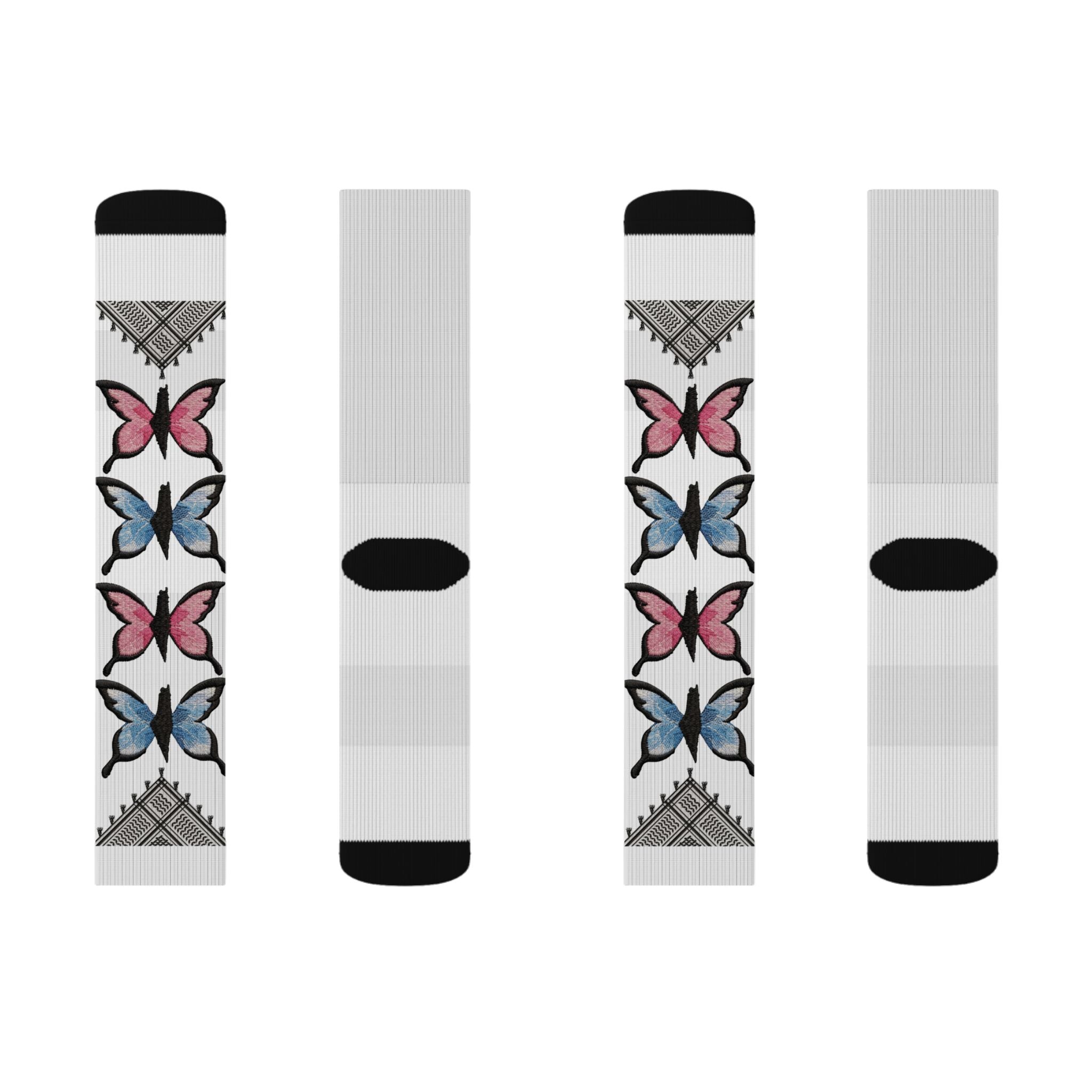 Pali-G | Palestinian Butterfly & Keffiyeh Socks – Colorful Freedom Art Print | Unisex Crew Socks | Cultural Heritage