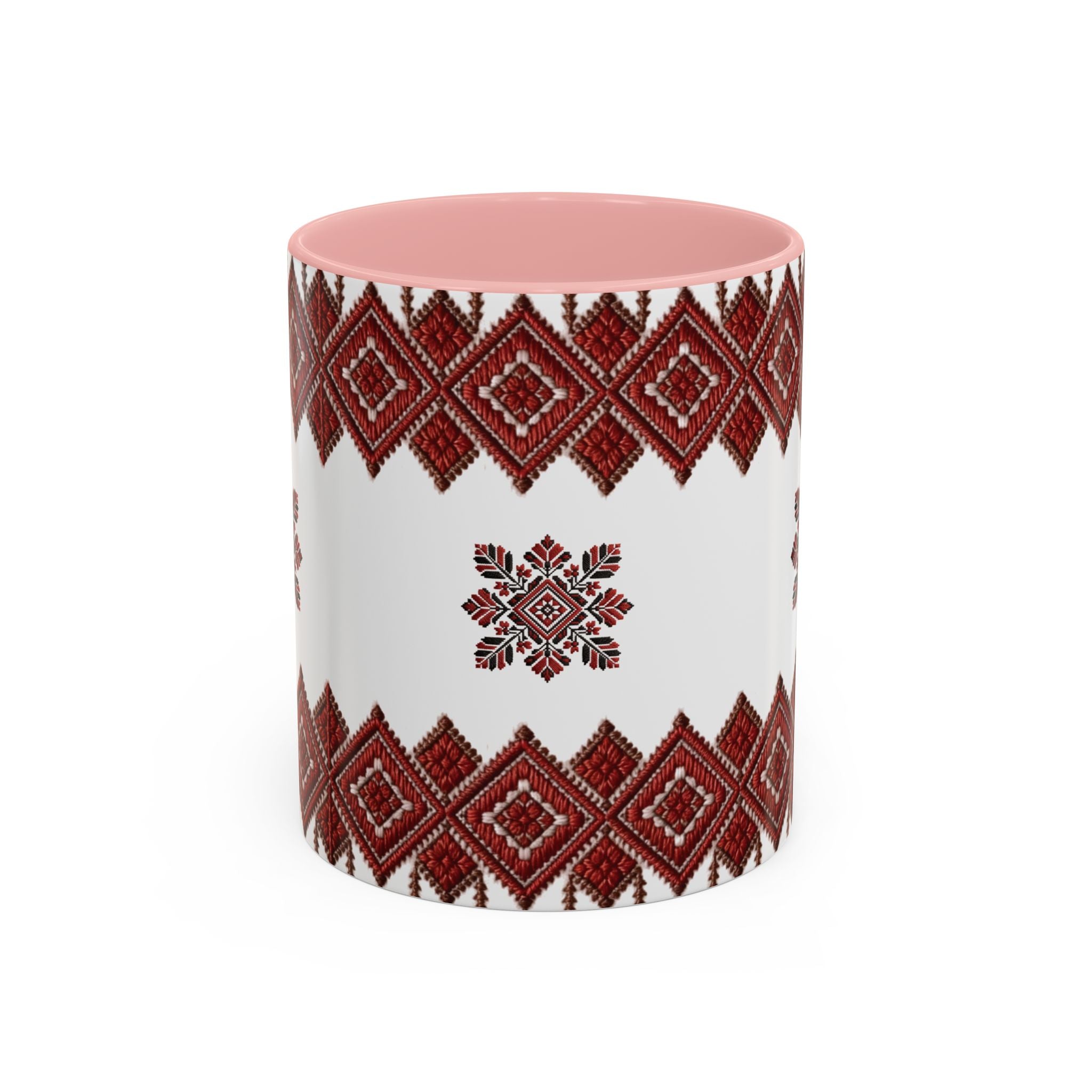 Embroidered Folk Pattern Accent Coffee Mug — Red Ukrainian-Inspired Design (11/15oz)