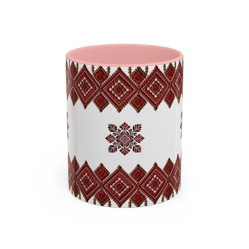 Embroidered Folk Pattern Accent Coffee Mug — Red Ukrainian-Inspired Design (11/15oz)