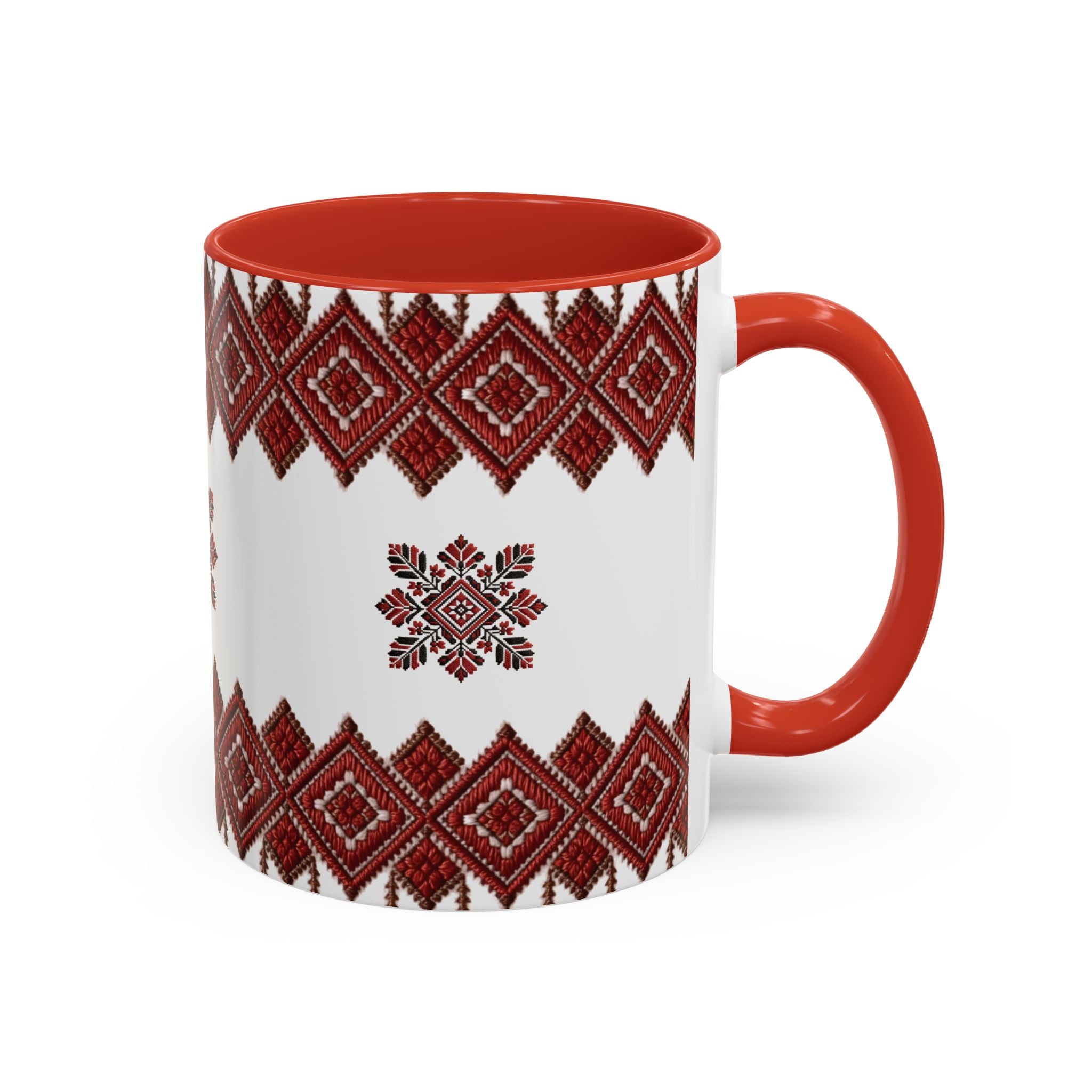 Embroidered Folk Pattern Accent Coffee Mug — Red Ukrainian-Inspired Design (11/15oz)