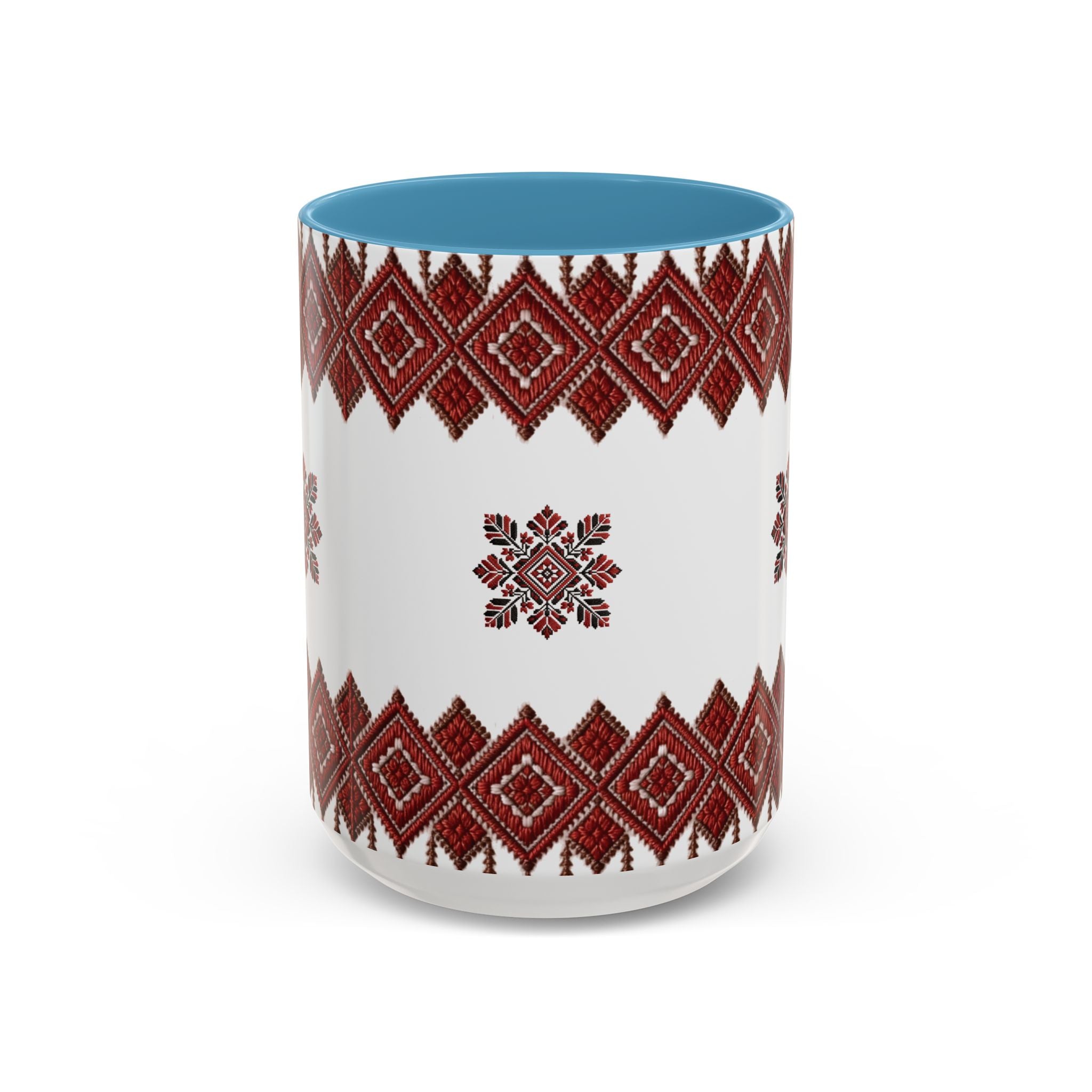 Embroidered Folk Pattern Accent Coffee Mug — Red Ukrainian-Inspired Design (11/15oz)