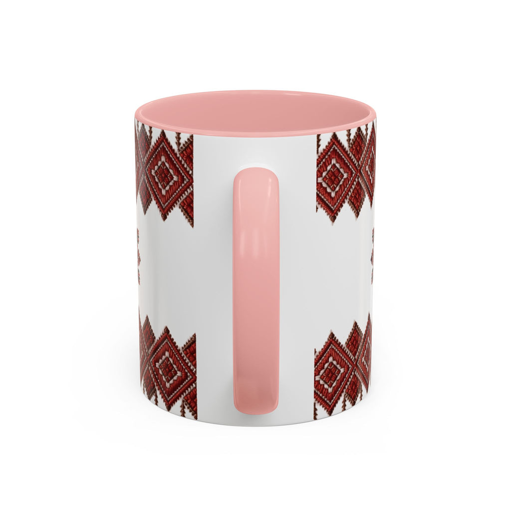 Embroidered Folk Pattern Accent Coffee Mug — Red Ukrainian-Inspired Design (11/15oz)