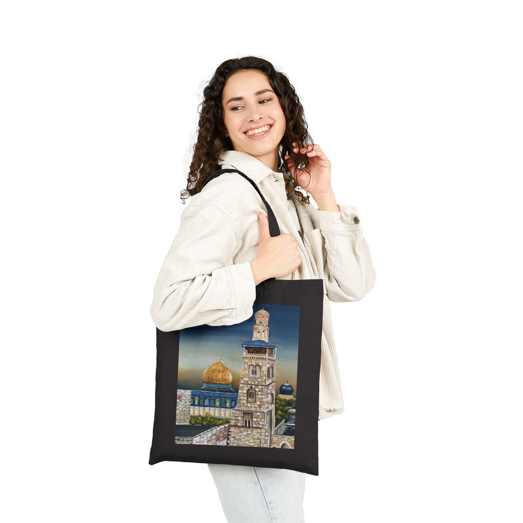 Joud || Canvas Tote Bag – Dome of the Rock & Jerusalem Minaret Tower Vintage Art Print | Old City Skyline | Cultural Heritage Carry Bag