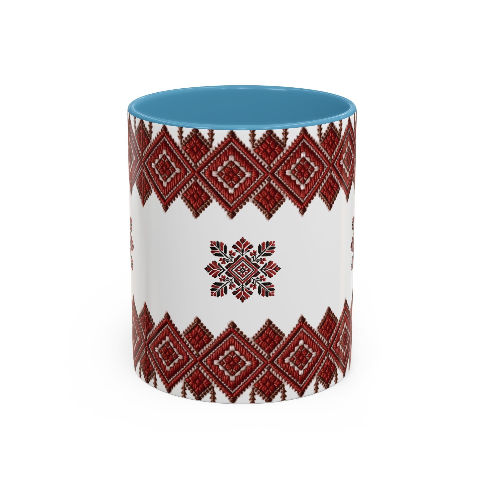 Embroidered Folk Pattern Accent Coffee Mug — Red Ukrainian-Inspired Design (11/15oz)