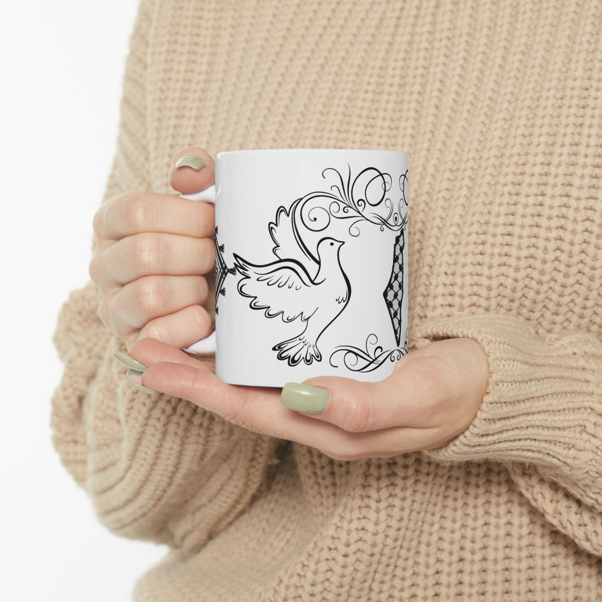 Palestine Map Doves Ceramic Mug (11oz/15oz) — Hand‑drawn Olive Branch Design