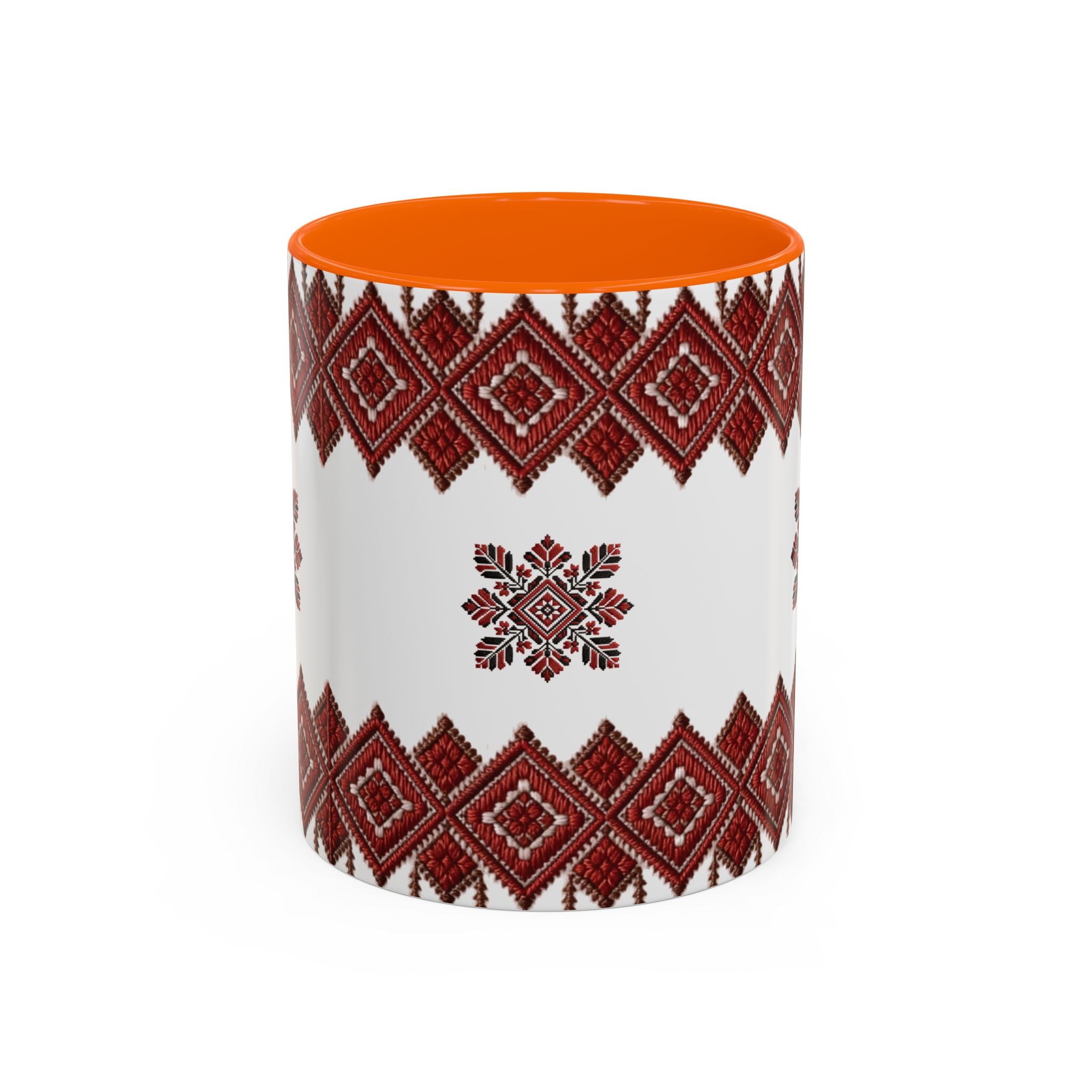 Embroidered Folk Pattern Accent Coffee Mug — Red Ukrainian-Inspired Design (11/15oz)