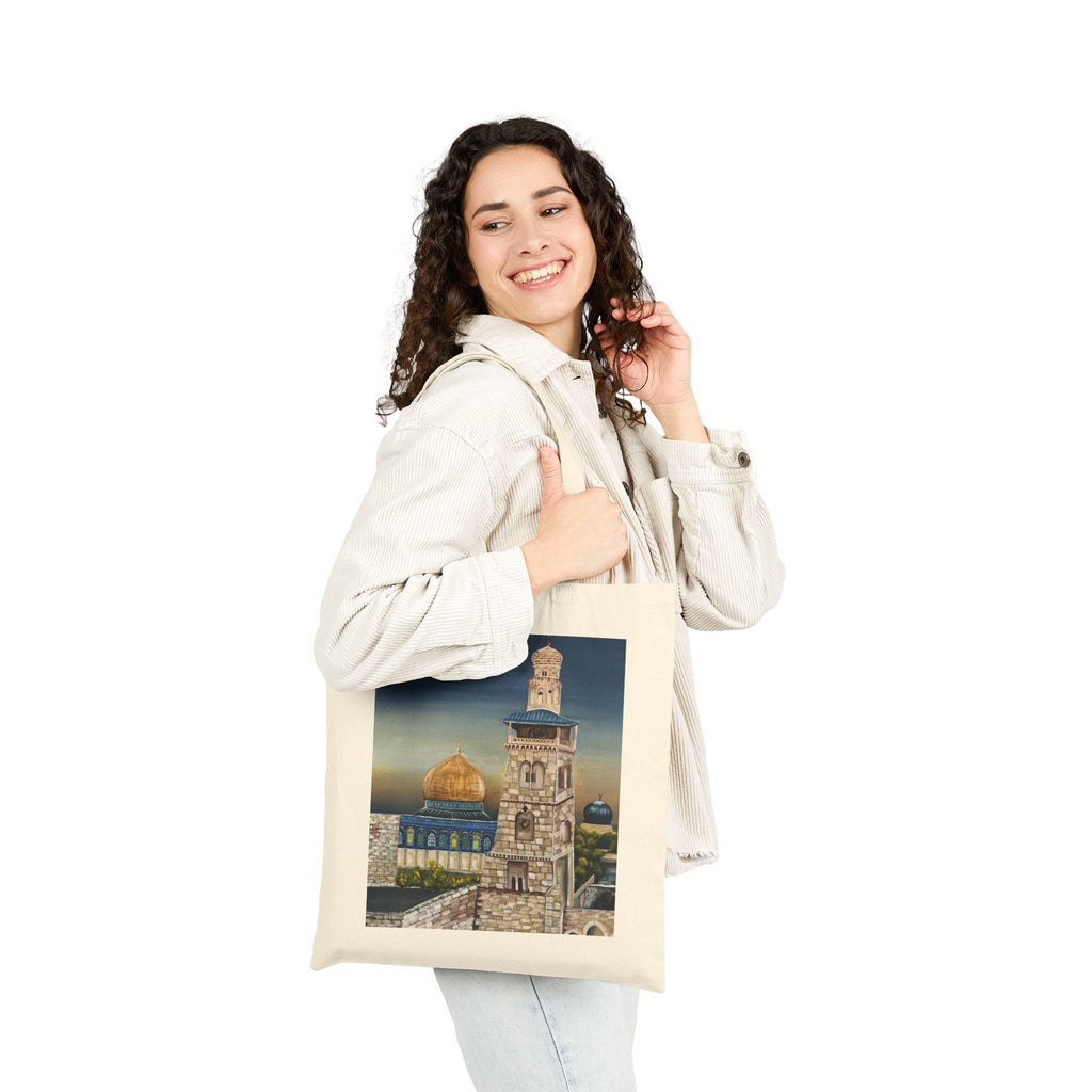 Joud || Canvas Tote Bag – Dome of the Rock & Jerusalem Minaret Tower Vintage Art Print | Old City Skyline | Cultural Heritage Carry Bag
