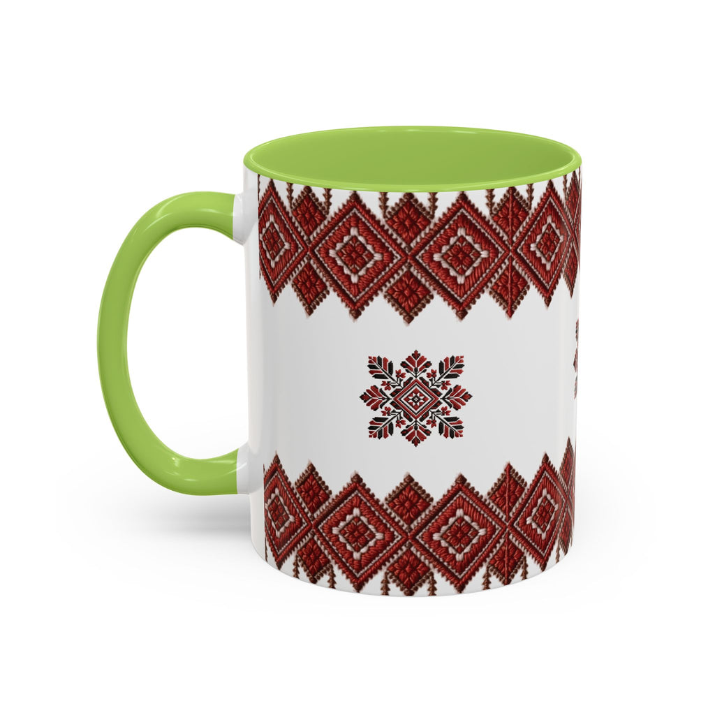 Embroidered Folk Pattern Accent Coffee Mug — Red Ukrainian-Inspired Design (11/15oz)