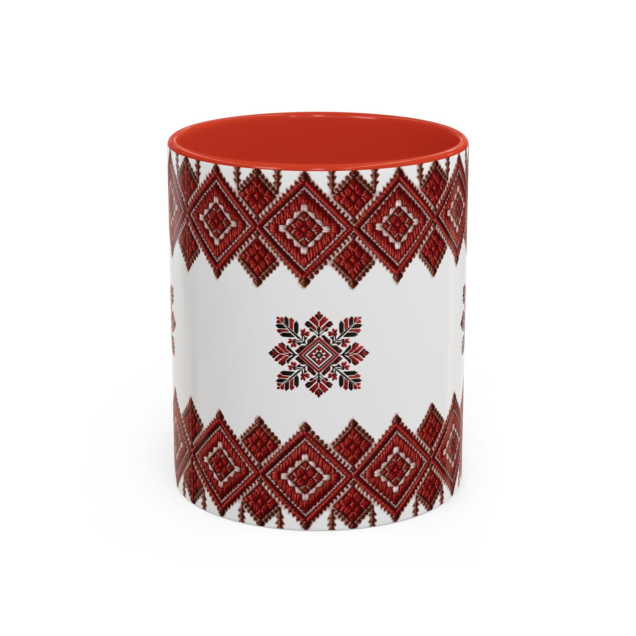 Embroidered Folk Pattern Accent Coffee Mug — Red Ukrainian-Inspired Design (11/15oz)