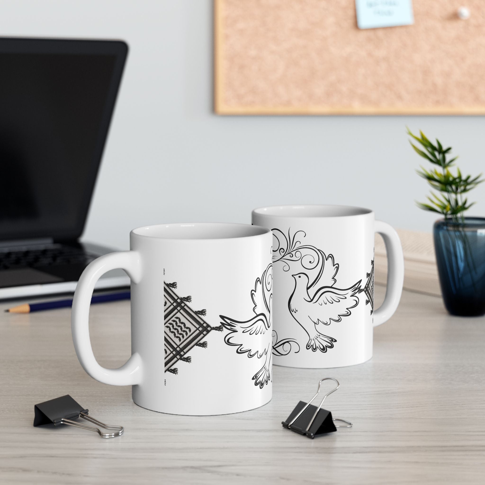 Palestine Map Doves Ceramic Mug (11oz/15oz) — Hand‑drawn Olive Branch Design