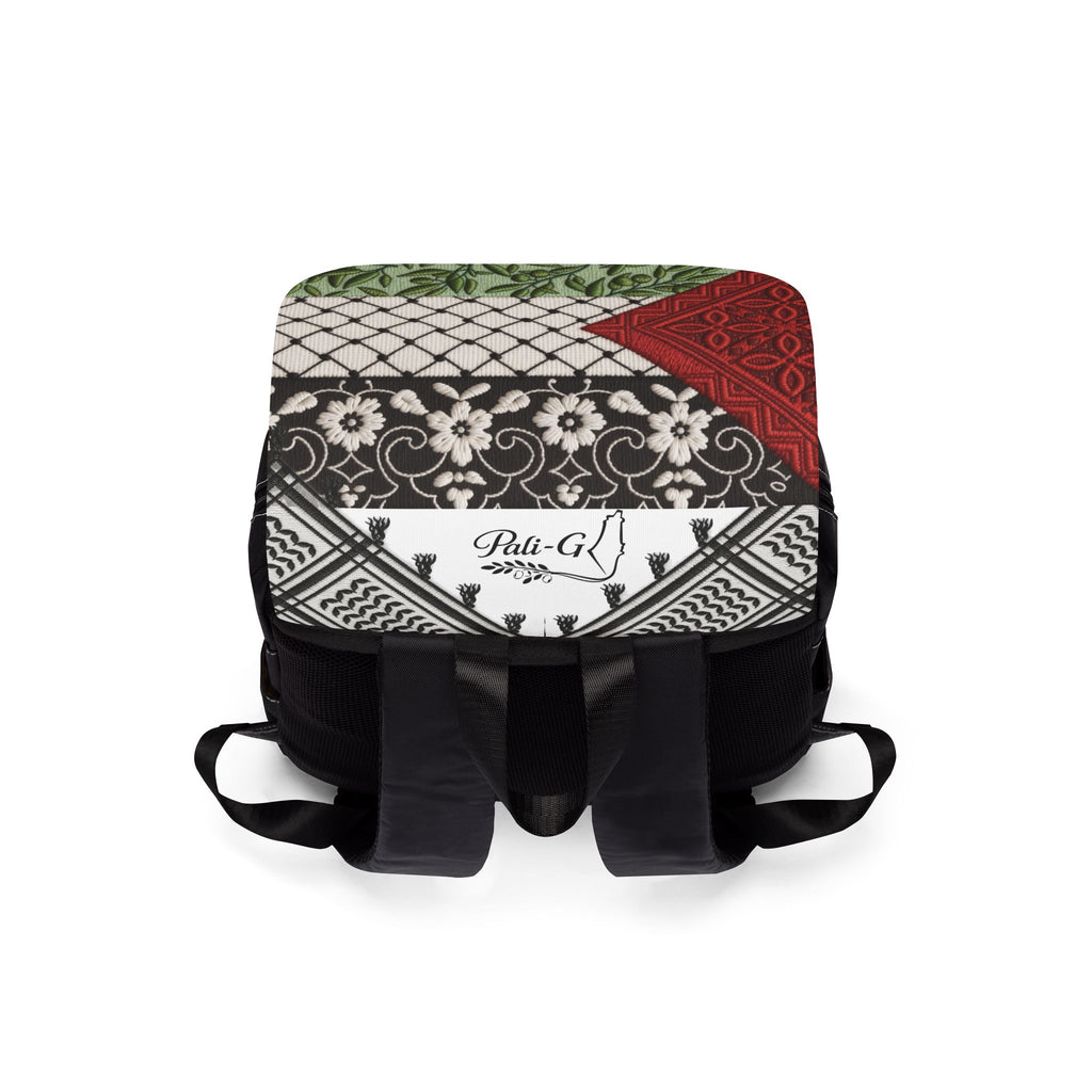 Pali-G Backpack – Palestinian Tatreez, Keffiyeh & Olive Branch Art Print | Cultural Heritage Laptop Bag | Unisex Travel & School Backpack
