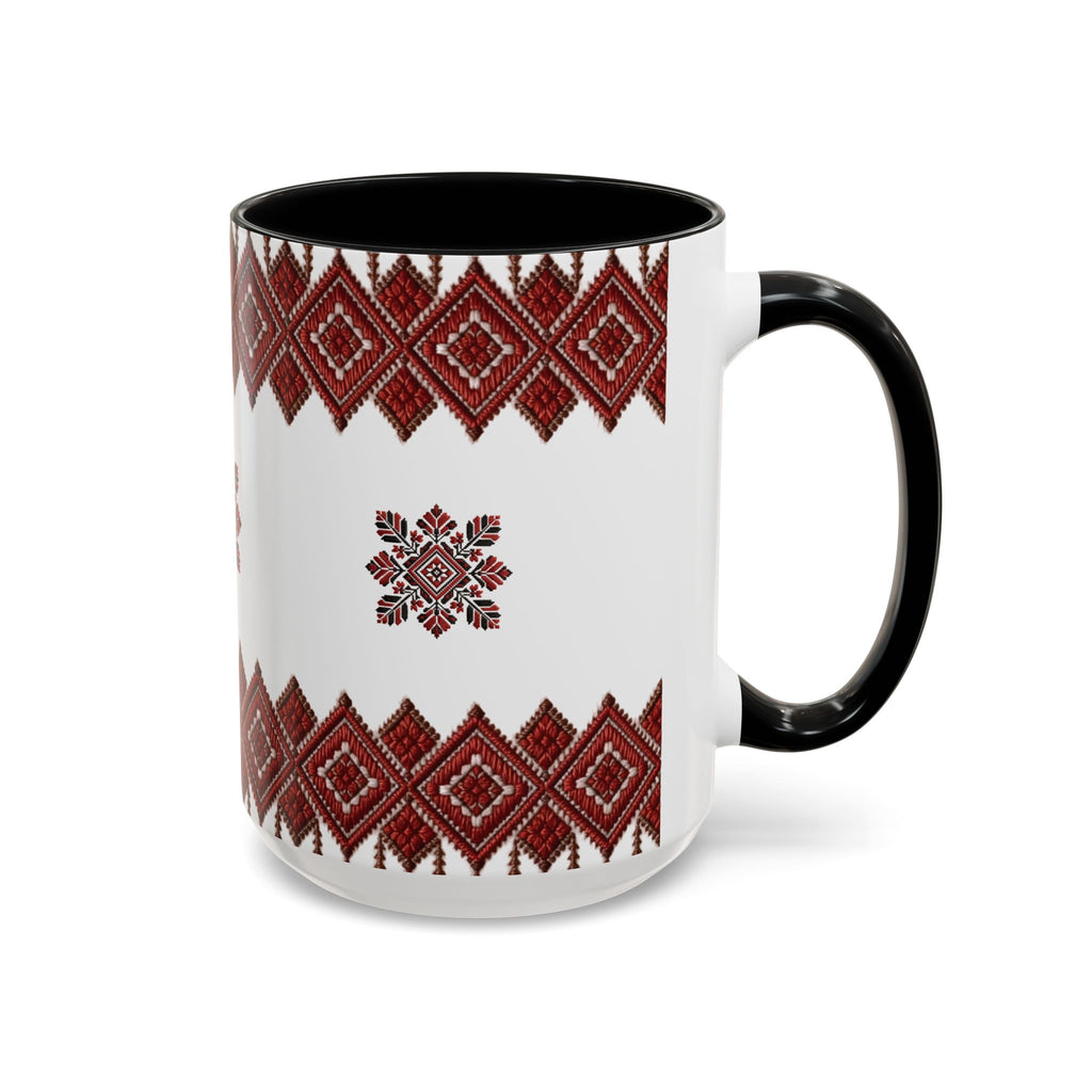 Embroidered Folk Pattern Accent Coffee Mug — Red Ukrainian-Inspired Design (11/15oz)