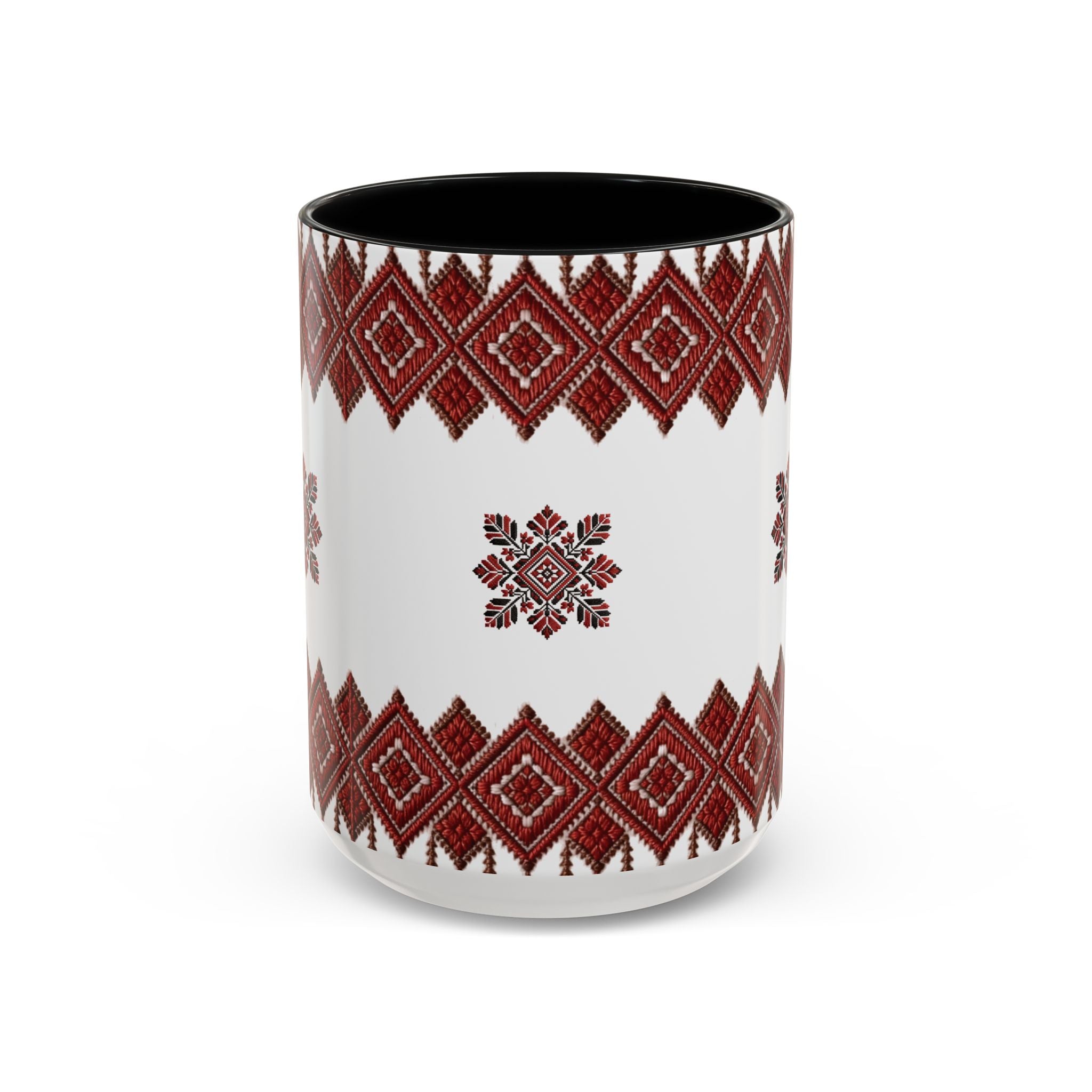 Embroidered Folk Pattern Accent Coffee Mug — Red Ukrainian-Inspired Design (11/15oz)