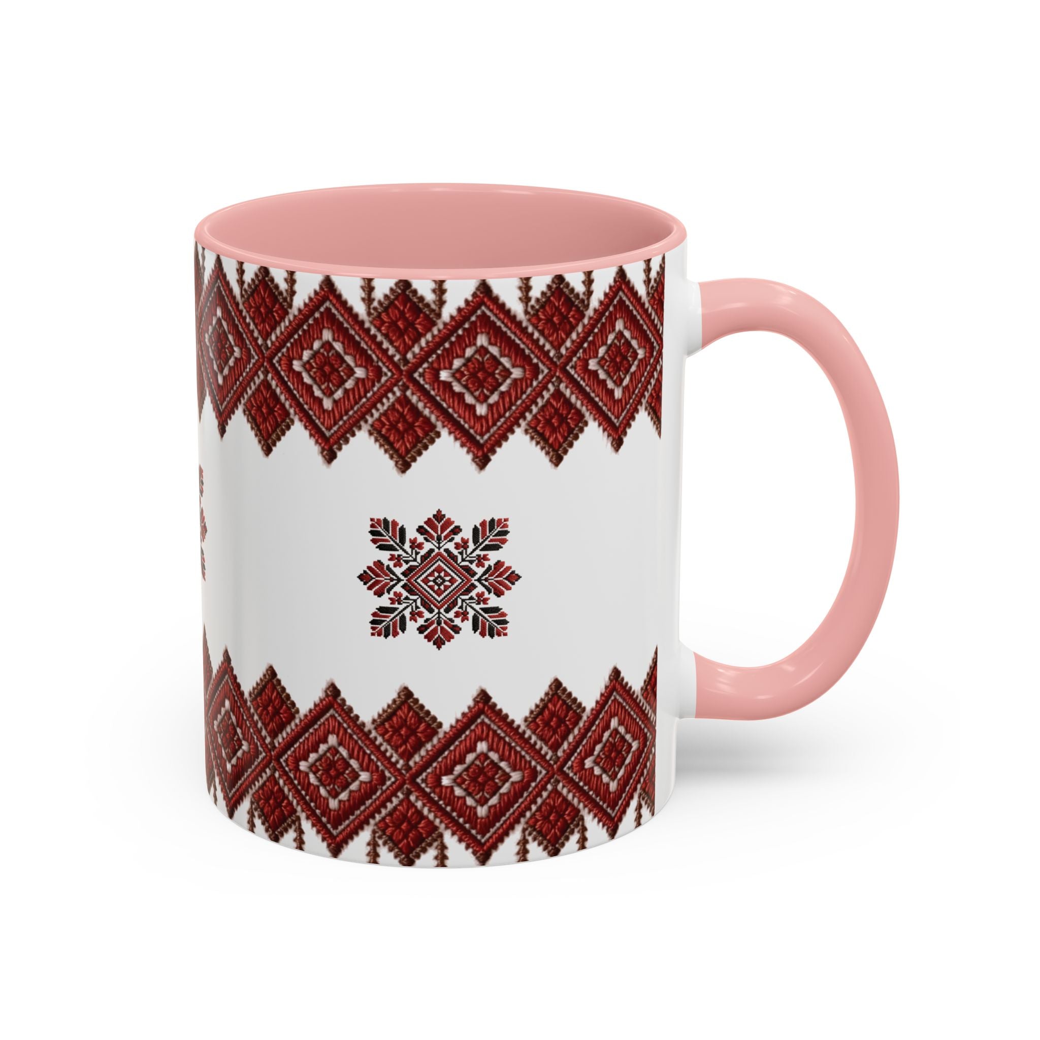 Embroidered Folk Pattern Accent Coffee Mug — Red Ukrainian-Inspired Design (11/15oz)