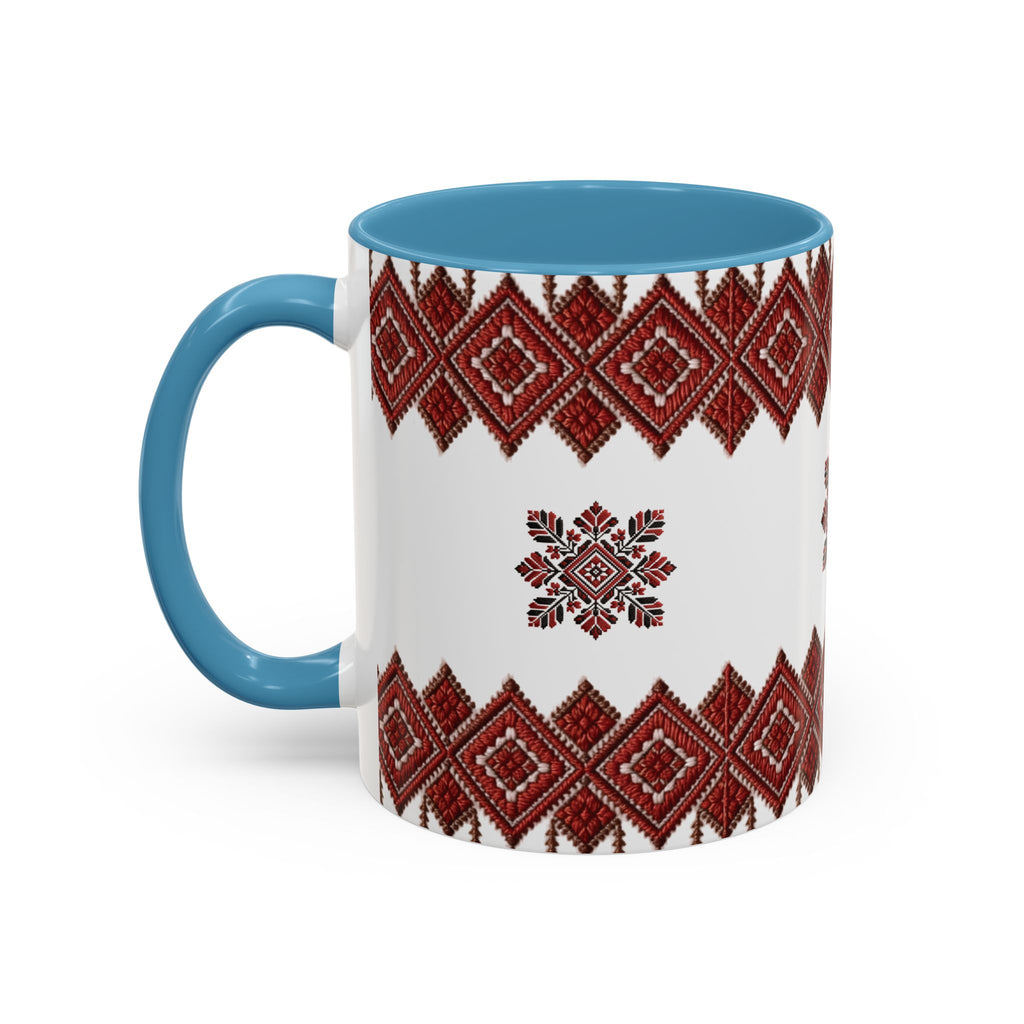 Embroidered Folk Pattern Accent Coffee Mug — Red Ukrainian-Inspired Design (11/15oz)